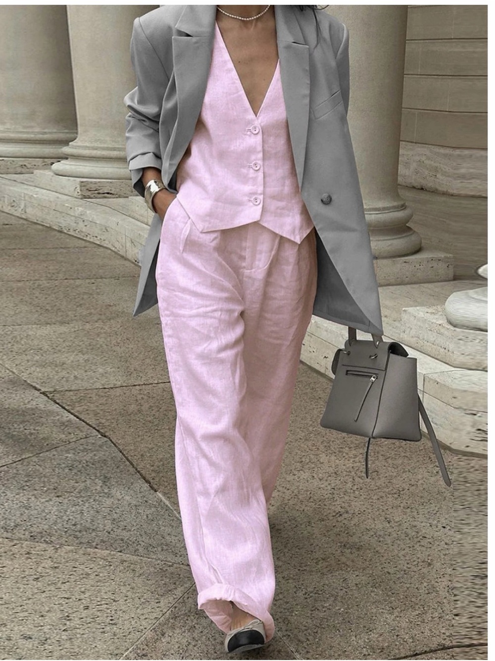 Commense Light Pink Linen Wide-Leg Pants with Matching Vest
